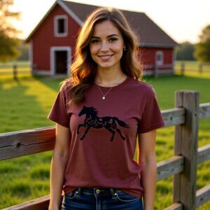 Soft Burgundy Horse Graphic Tee – Women’s Small, Comfy & Stylish